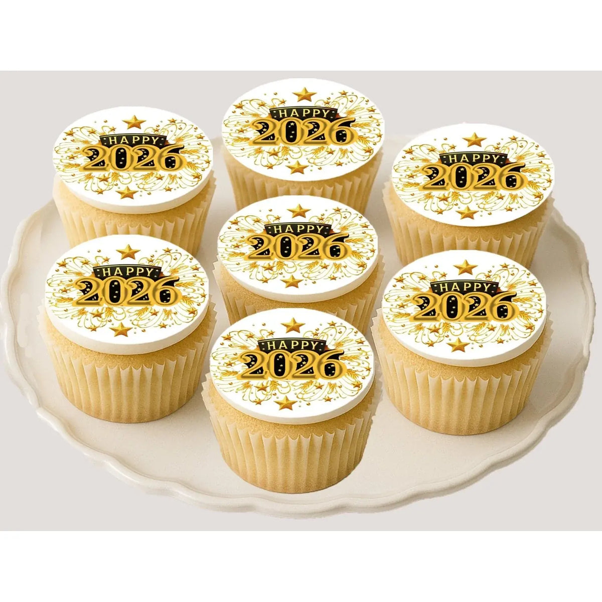 New Year's Edible Icing Cookie & Cupcake Toppers – Golden Celebration, 20 Precut on decorated cupcakes.