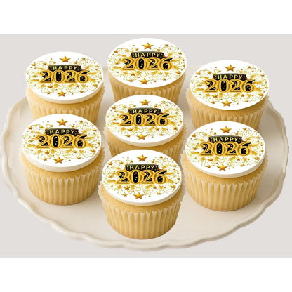 New Year's Edible Icing Cookie & Cupcake Toppers – Golden Celebration, 20 Precut on decorated cupcakes.