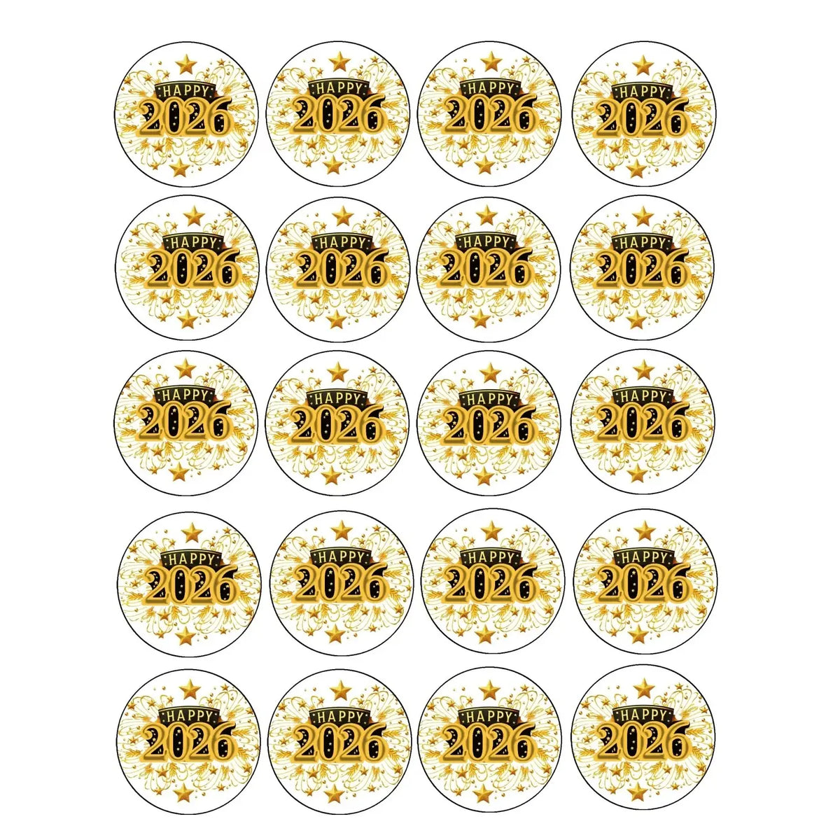 New Year's Edible Icing Cookie & Cupcake Toppers – Golden Celebration, 20 Precut 20 precut topper designs.