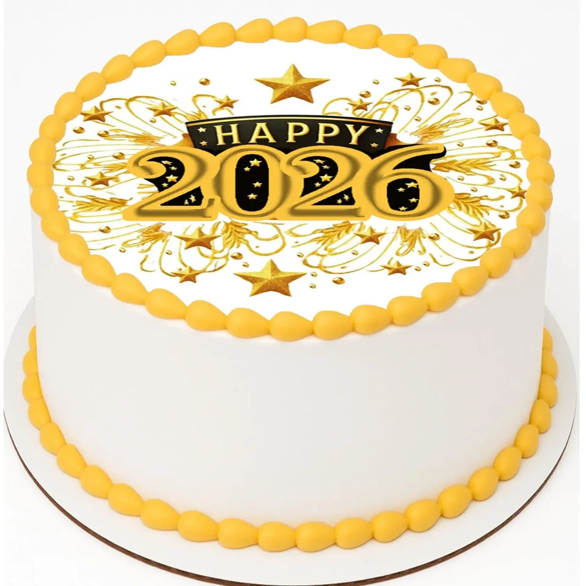 New Year's Edible Icing Cake Topper – Golden Celebration 8" Round on a round cake.
