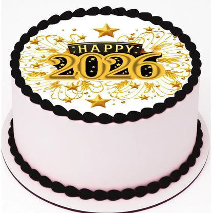 New Year's Edible Icing Cake Topper – Golden Celebration 8" Round on a round cake.