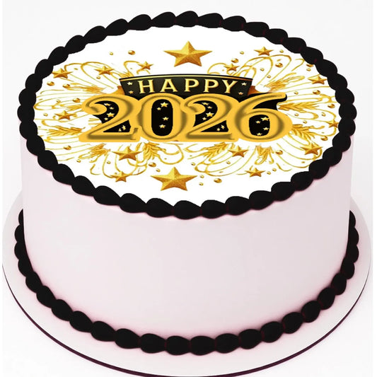 New Year's Edible Icing Cake Topper – Golden Celebration 8" Round on a round cake.
