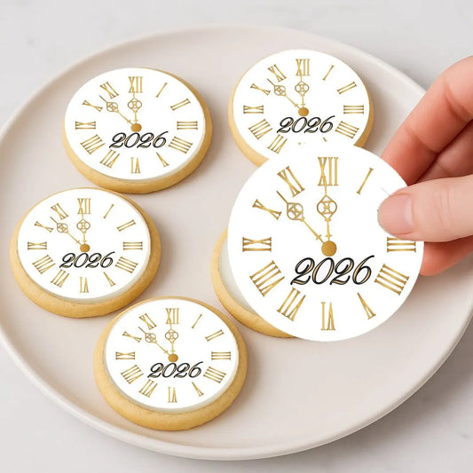 New Year's Edible Icing Cookie & Cupcake Toppers – Golden Clock, 20 Precut on decorated cookies.