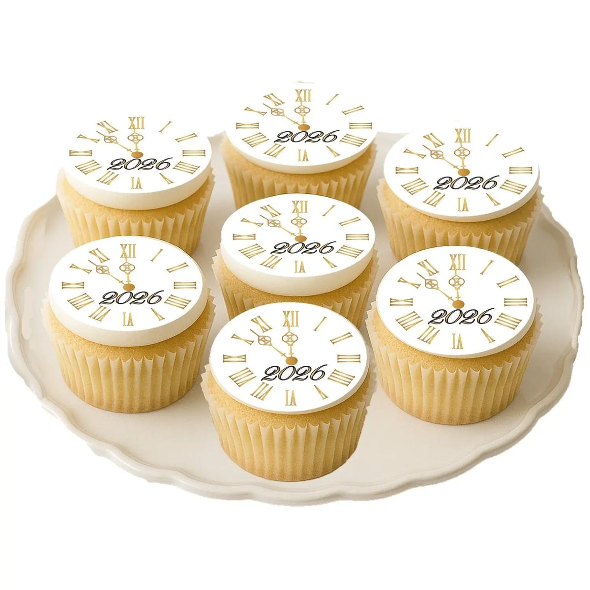 New Year's Edible Icing Cookie & Cupcake Toppers – Golden Clock, 20 Precut on decorated cupcakes.