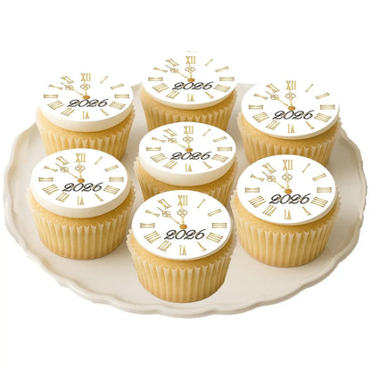 New Year's Edible Icing Cookie & Cupcake Toppers – Golden Clock, 20 Precut on decorated cupcakes.