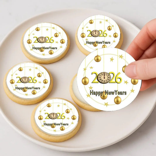 New Year's Edible Icing Cookie & Cupcake Toppers – Golden Ornament Wishes, 20 Precut on decorated cookies.