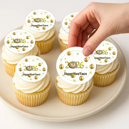 New Year's Edible Icing Cookie & Cupcake Toppers – Golden Ornament Wishes, 20 Precut on decorated cupcakes.