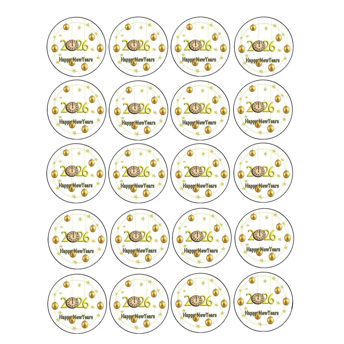 New Year's Edible Icing Cookie & Cupcake Toppers – Golden Ornament Wishes, 20 Precut 20 precut topper designs.