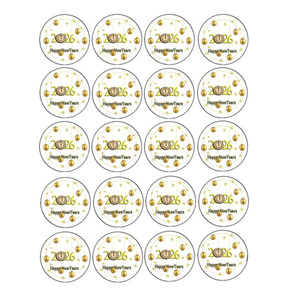 New Year's Edible Icing Cookie & Cupcake Toppers – Golden Ornament Wishes, 20 Precut 20 precut topper designs.