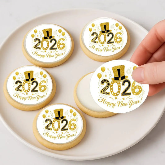 New Year's Edible Icing Cookie & Cupcake Toppers – Golden Top Hat, 20 Precut on decorated cookies.