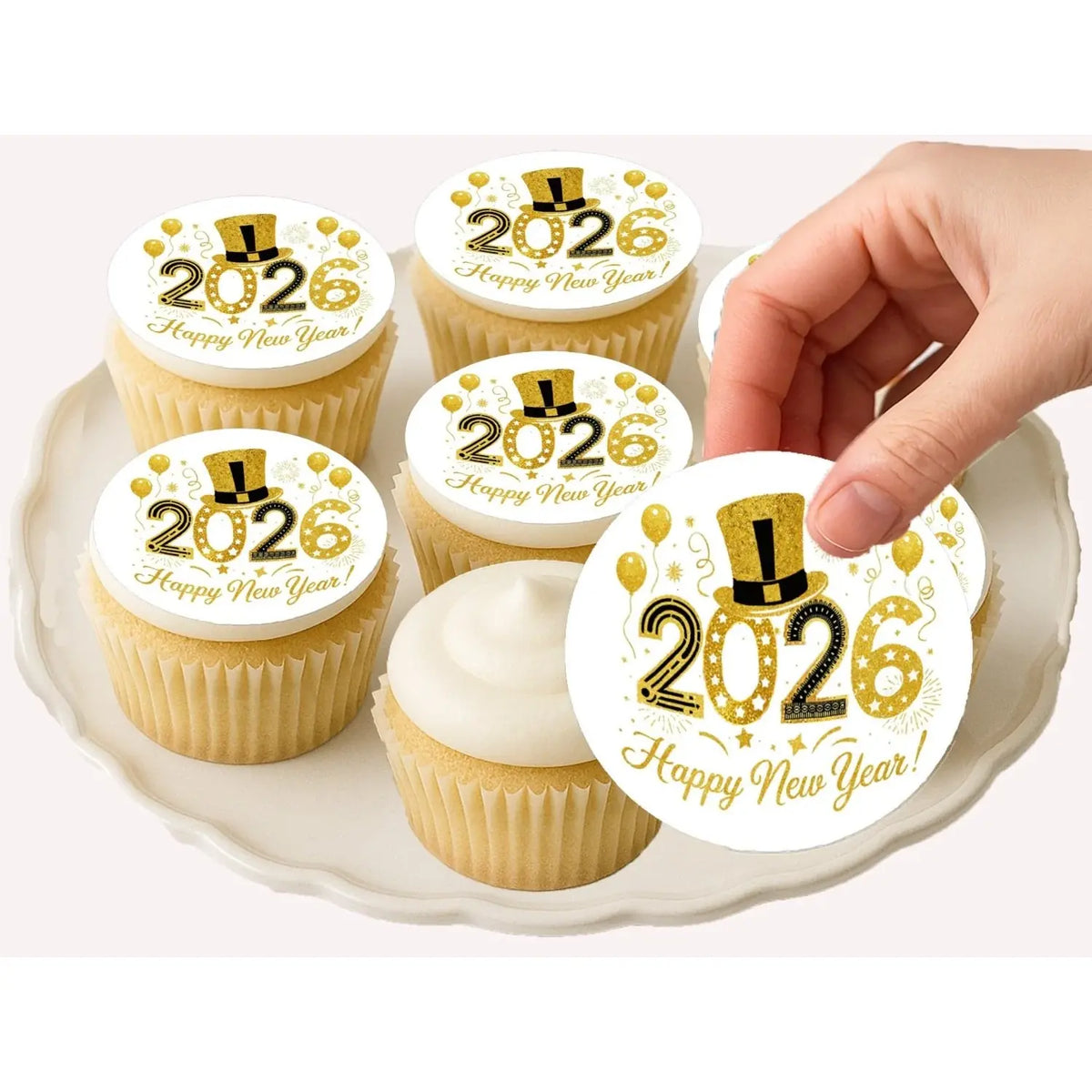 New Year's Edible Icing Cookie & Cupcake Toppers – Golden Top Hat, 20 Precut on decorated cupcakes.