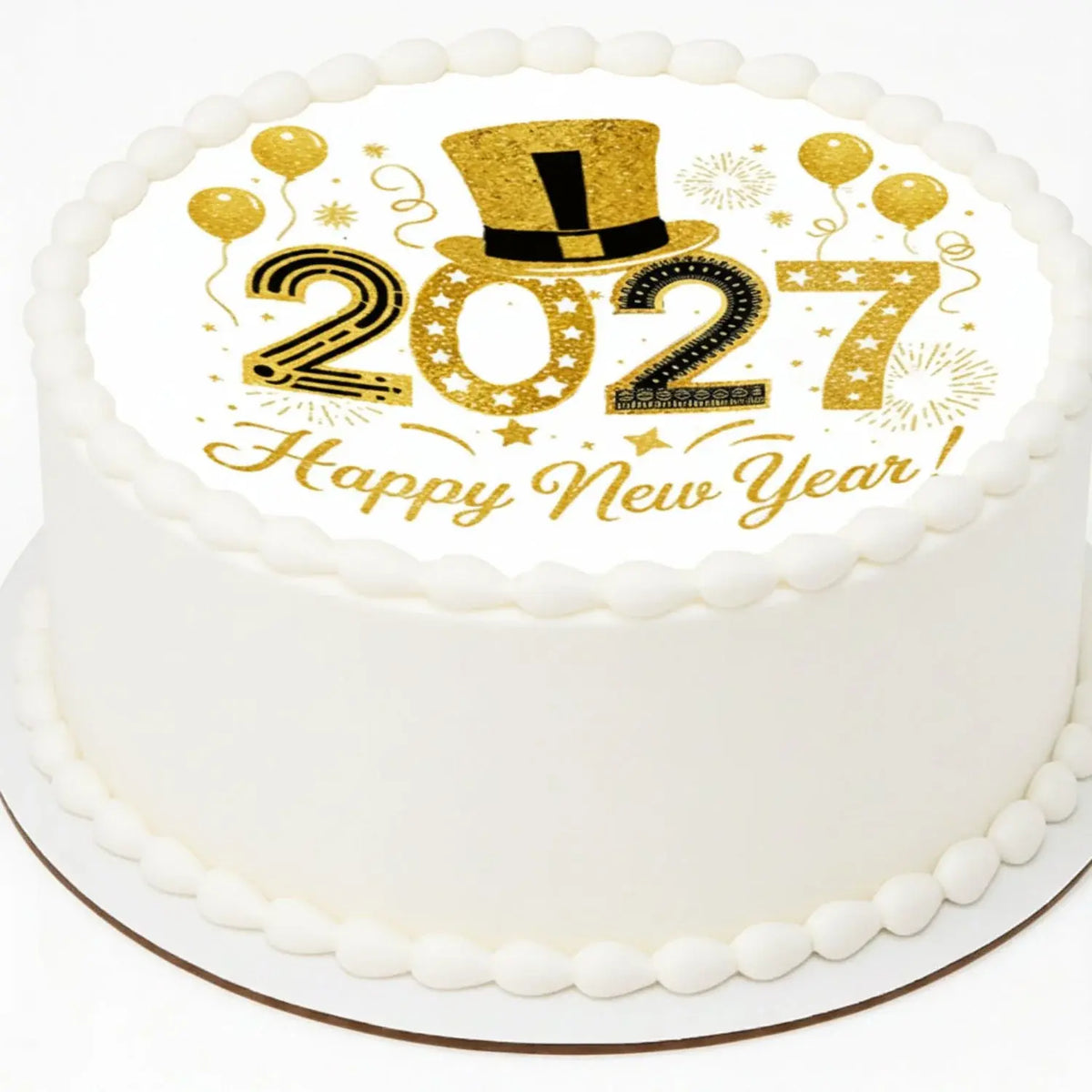 New Year's Edible Icing Cake Topper – Golden Top Hat 8" Round on a round cake.