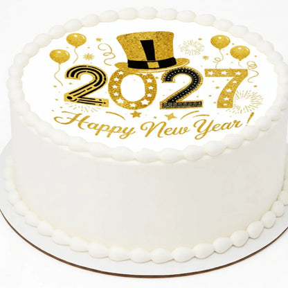 New Year's Edible Icing Cake Topper – Golden Top Hat 8" Round on a round cake.