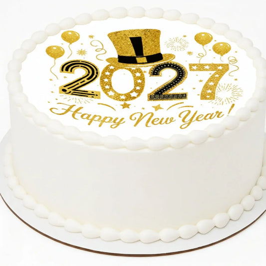 New Year's Edible Icing Cake Topper – Golden Top Hat 8" Round on a round cake.