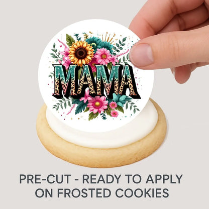 Mother's Day Mama Edible Cookie & Cupcake Toppers – 20 Precut being placed on a frosted cookie.