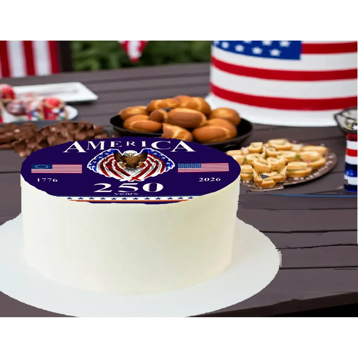 USA 250th Anniversary Happy Birthday Edible Icing Cake Topper – 8-Inch Round on a patriotic celebration table.