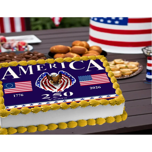 USA 250th Anniversary Happy Birthday Edible Icing Sheet Cake Topper on a patriotic celebration table.