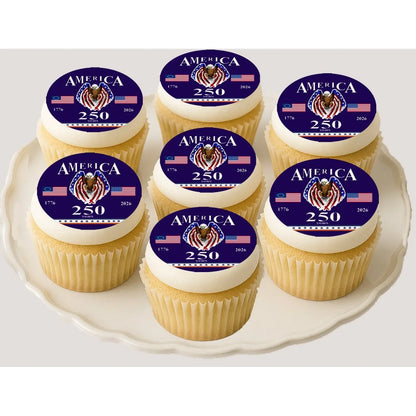 USA 250th Anniversary Happy Birthday Edible Cookie & Cupcake Toppers – 20 Precut on cupcakes.