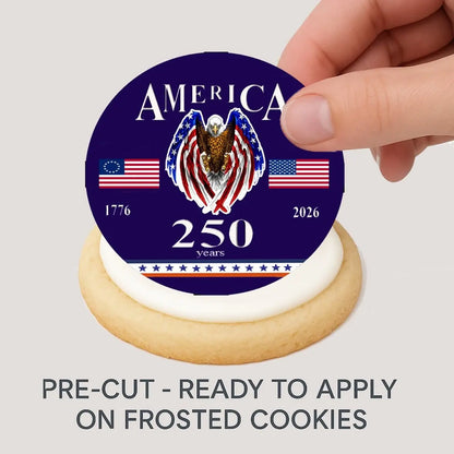 USA 250th Anniversary Happy Birthday Edible Cookie & Cupcake Toppers – 20 Precut being placed on a frosted cookie.