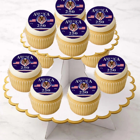 USA 250th Anniversary Happy Birthday Edible Cookie & Cupcake Toppers – 20 Precut on cupcakes.