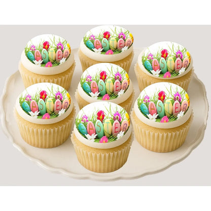 Happy Easter Tulips Edible Cookie & Cupcake Toppers – 20 Precut on decorated cupcakes.