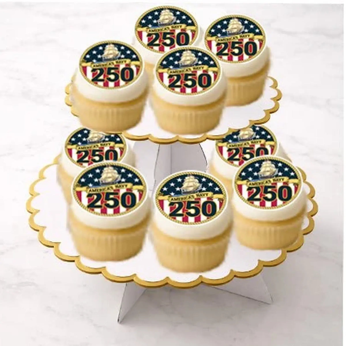 Navy USA 250th Birthday Edible Cookie & Cupcake Toppers – 20 Precut on cupcakes.