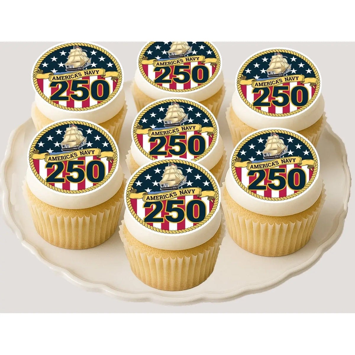 Navy USA 250th Birthday Edible Cookie & Cupcake Toppers – 20 Precut on cupcakes.