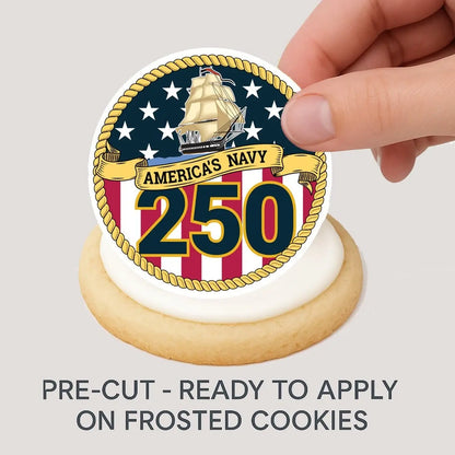 Navy USA 250th Birthday Edible Cookie & Cupcake Toppers – 20 Precut being placed on a frosted cookie.