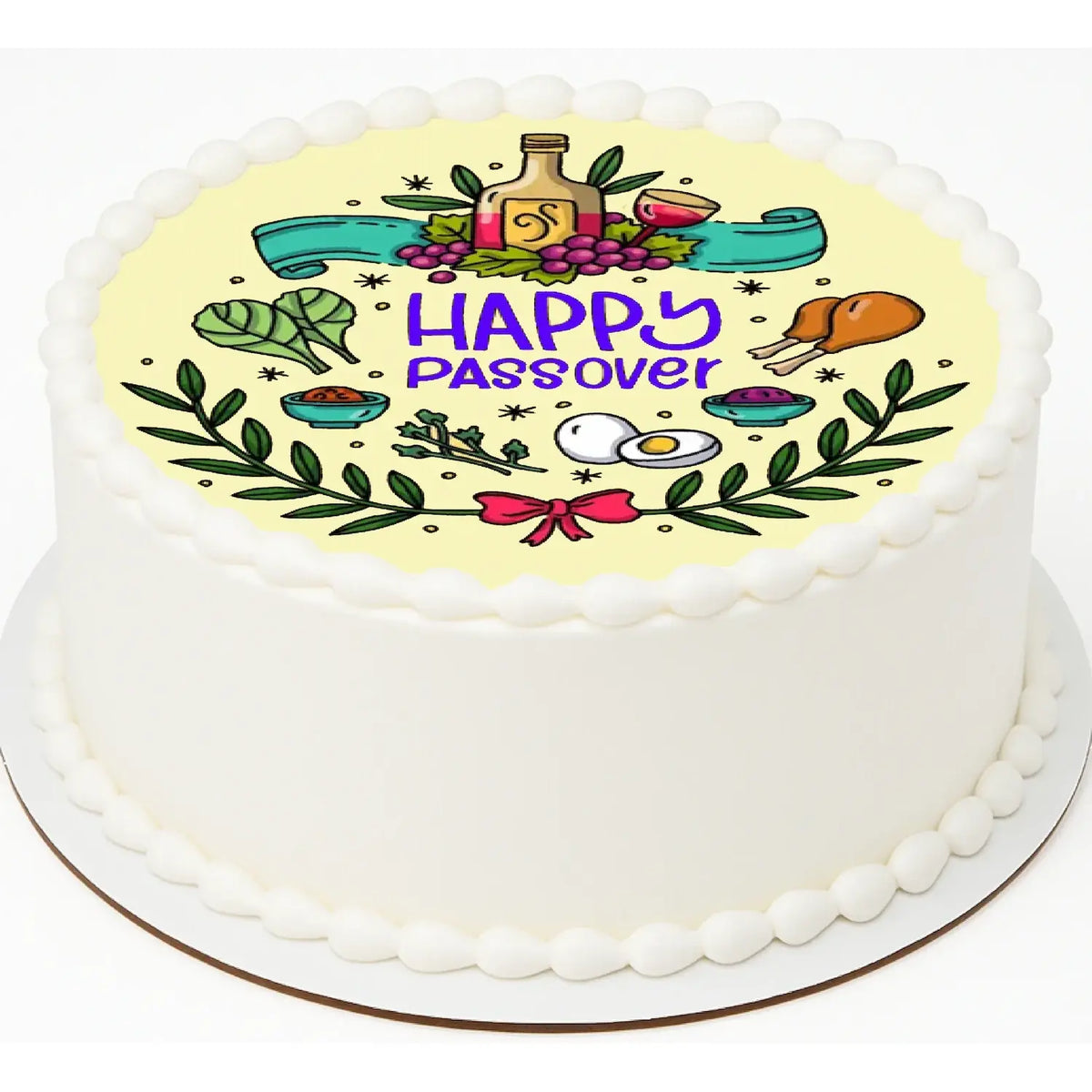 Happy Passover Celebration Edible Icing Cake Topper – 8-Inch Round shown on a round frosted cake.