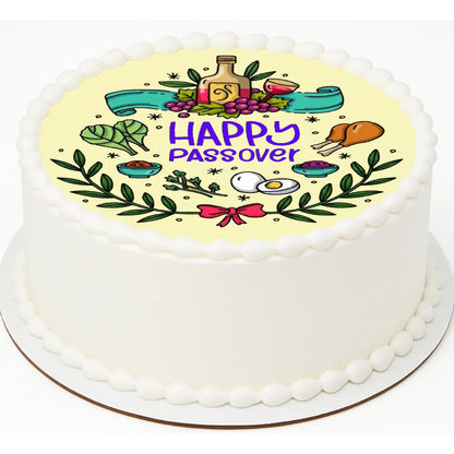 Happy Passover Celebration Edible Icing Cake Topper – 8-Inch Round shown on a round frosted cake.