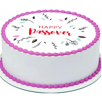 Happy Passover Edible Icing Cake Topper – 8-Inch Round shown on a round frosted cake.