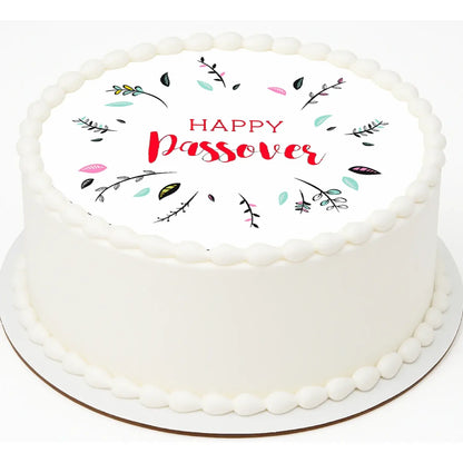 Happy Passover Edible Icing Cake Topper – 8-Inch Round shown on a round frosted cake.