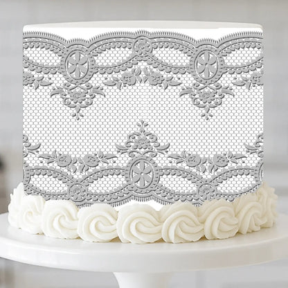 Heirloom Lace Platinum Lace edible icing design displayed on cake | RA Pape