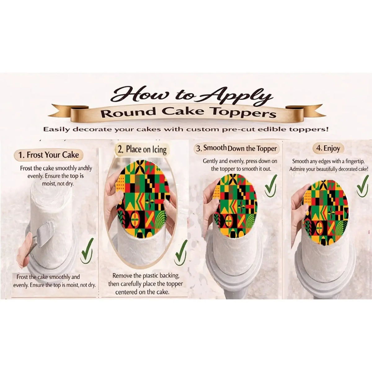 Juneteenth Bold and Beautiful Edible Icing Cake Topper – 8-Inch Round application instructions.