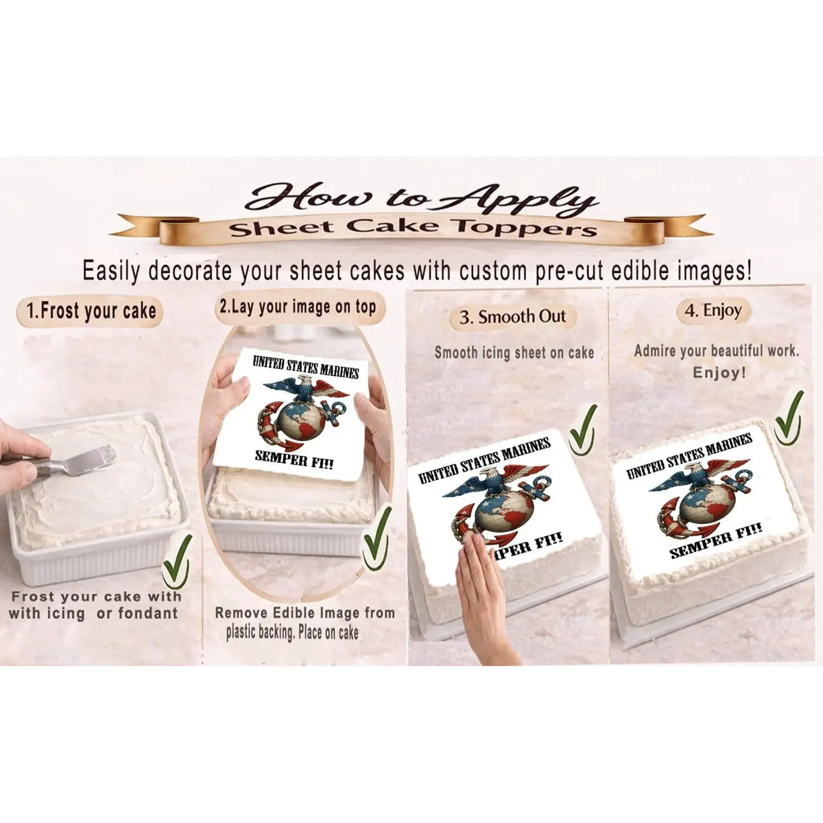 USMC Marine Semper Fi Edible Icing Sheet Cake Topper application instructions.
