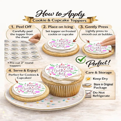 Mother's Day Beautiful Mom Edible Cookie & Cupcake Toppers – 20 Precut application instructions.