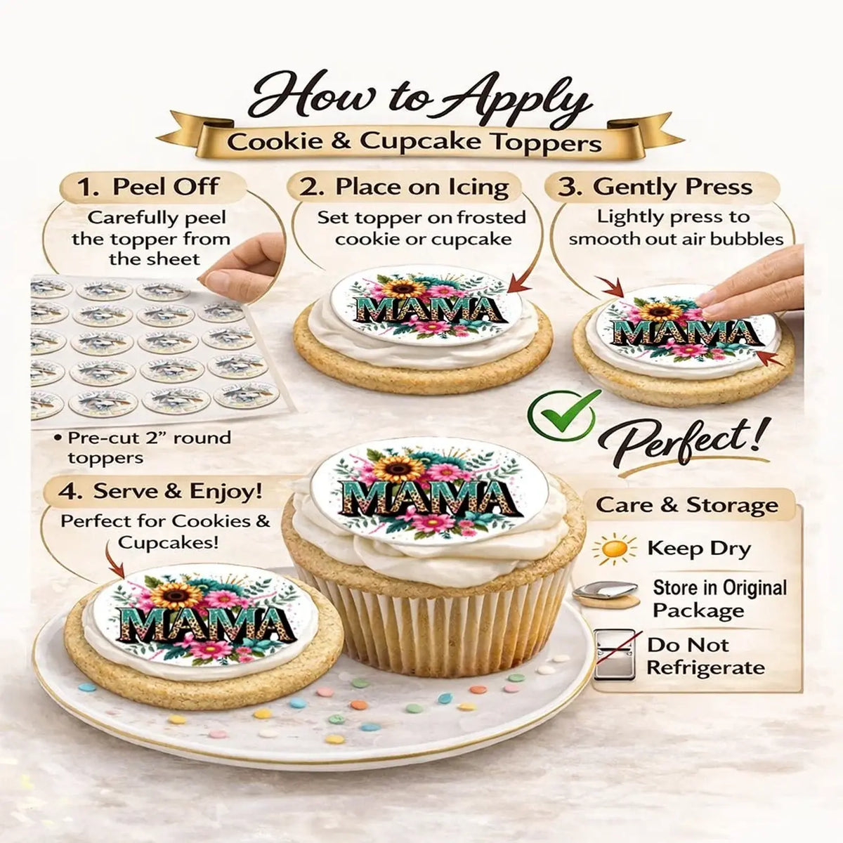 Mother's Day Mama Edible Cookie & Cupcake Toppers – 20 Precut application instructions.