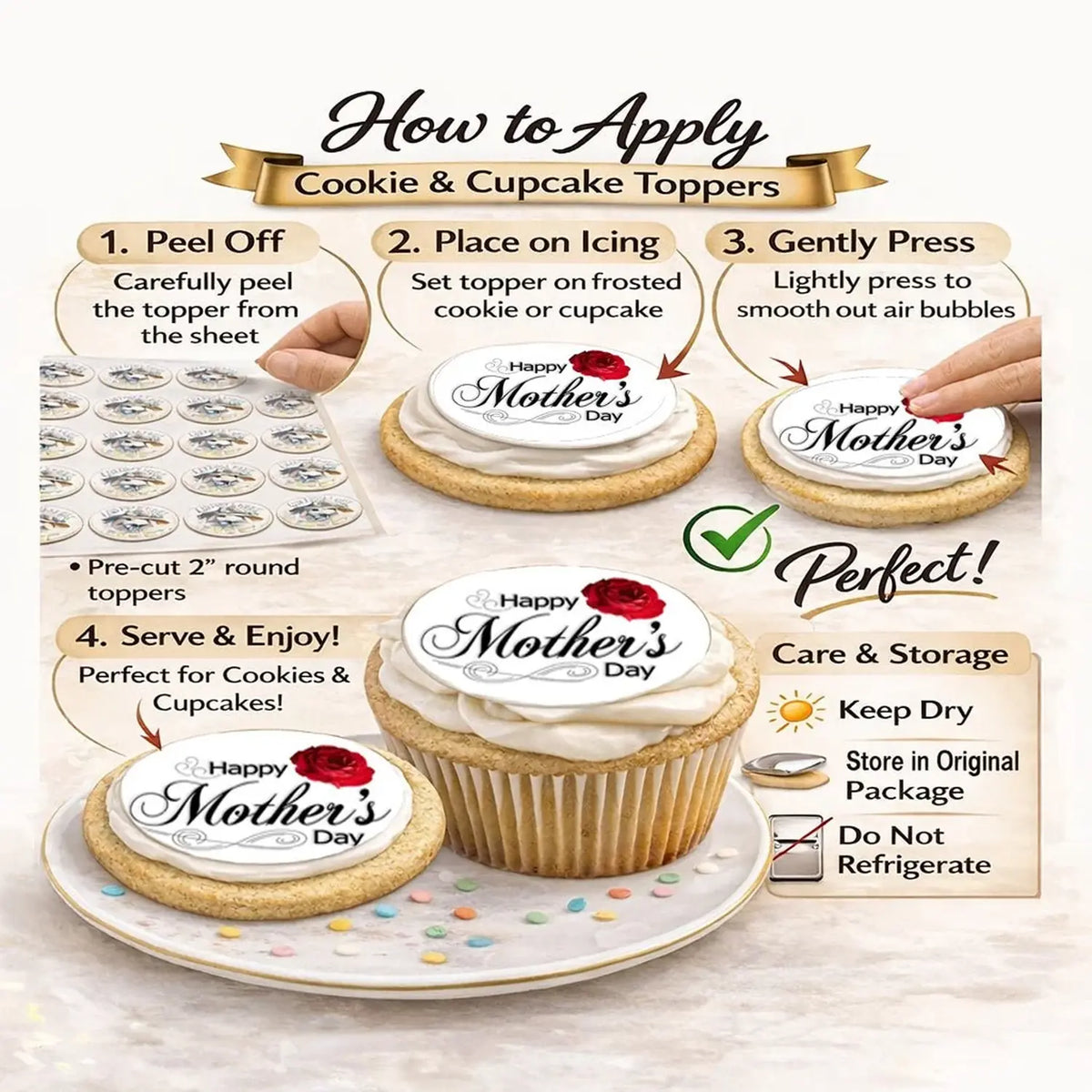 Mother's Day Red Rose Edible Cookie & Cupcake Toppers – 20 Precut application instructions.