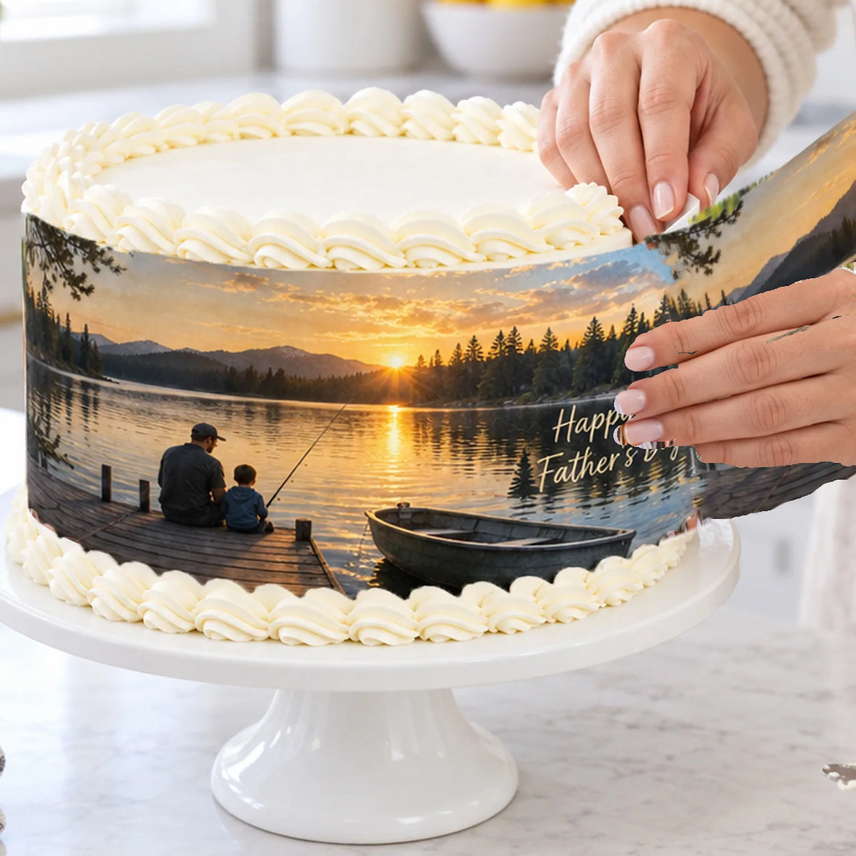 Step-by-step application of precut edible icing sheet wrap around the side of a cake