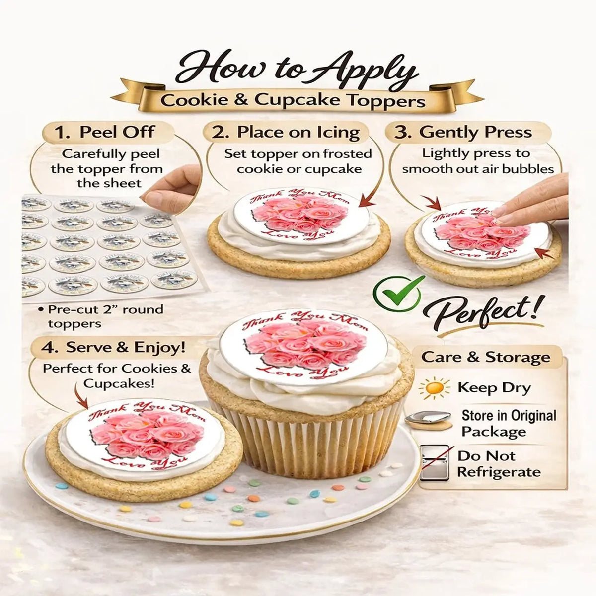 Mother's Day Peach Rose Bouquet Edible Cookie & Cupcake Toppers – 20 Precut application instructions.