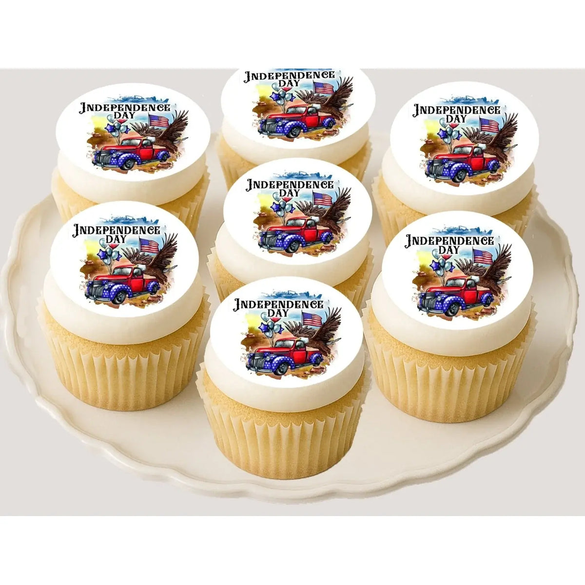 Independence Day Truck Edible Cookie & Cupcake Toppers – 20 Precut on cupcakes.