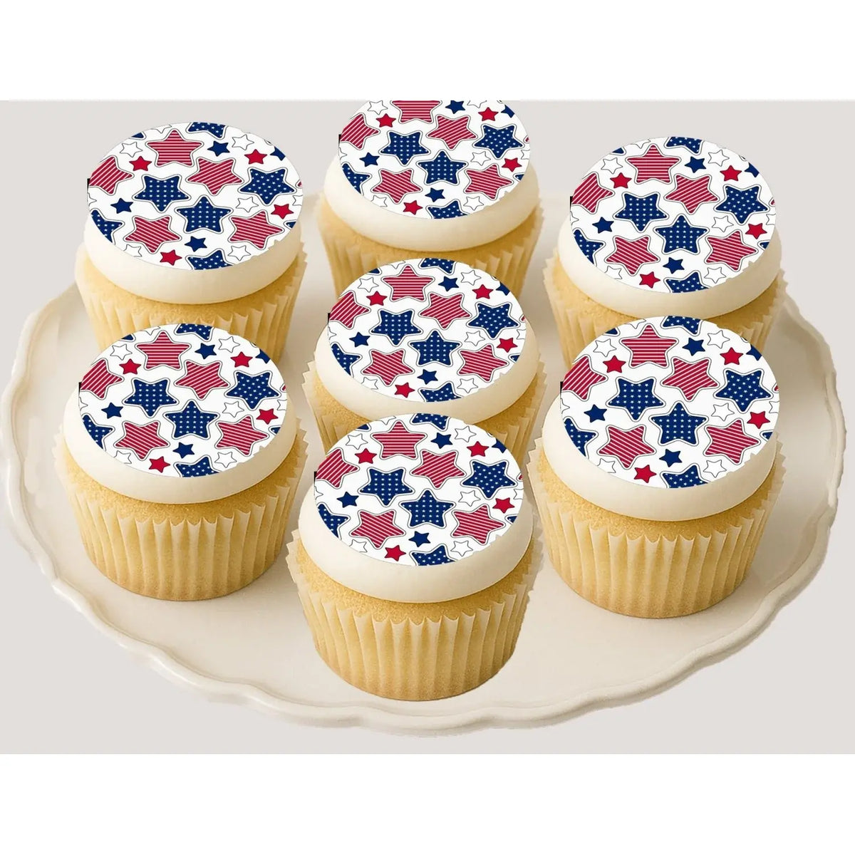 Independence Star July 4th Edible Cookie & Cupcake Toppers – 20 Precut on cupcakes.