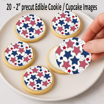Independence Star July 4th Edible Cookie & Cupcake Toppers – 20 Precut on cookies.