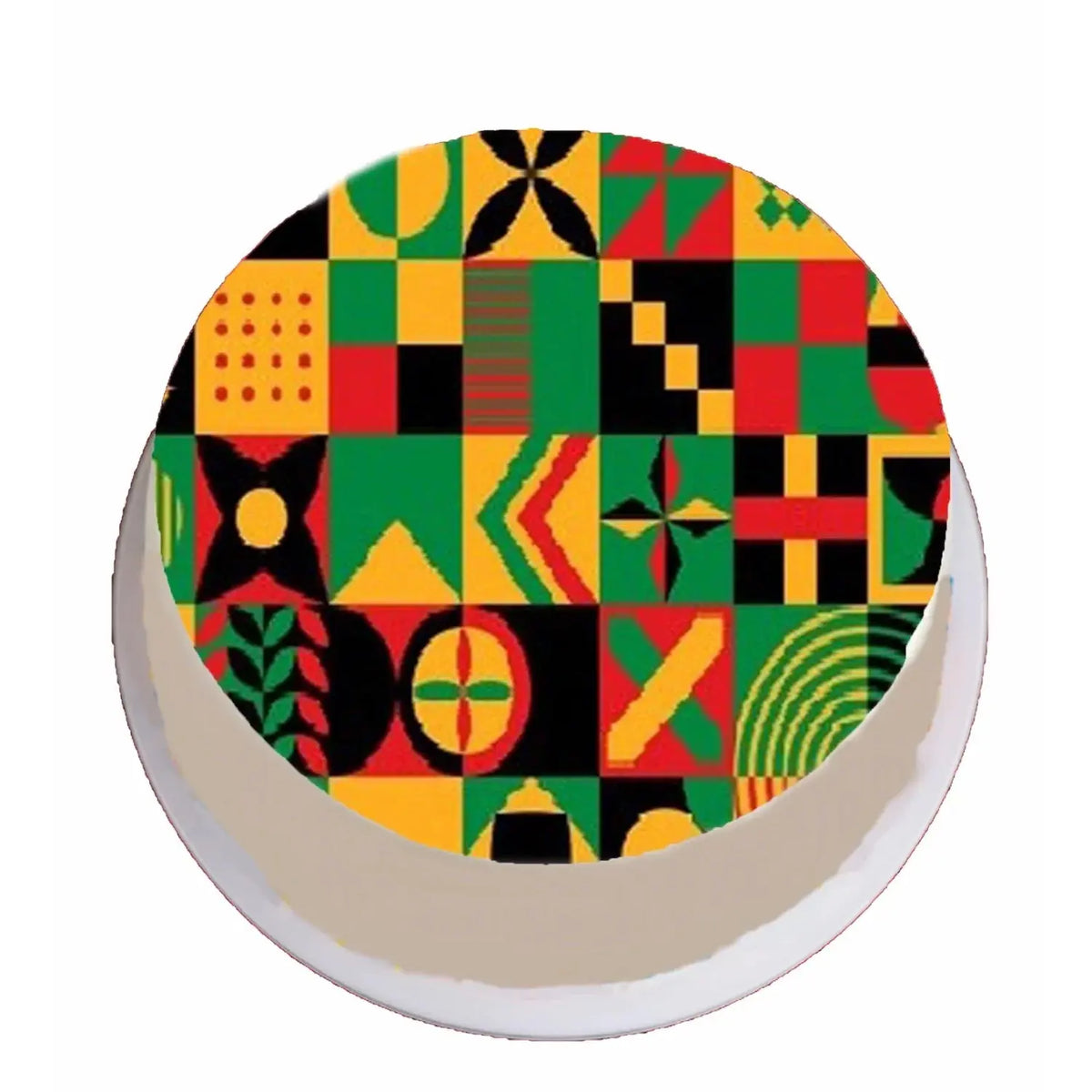 Juneteenth Bold and Beautiful Edible Icing Cake Topper – 8-Inch Round on a round frosted cake viewed from above.