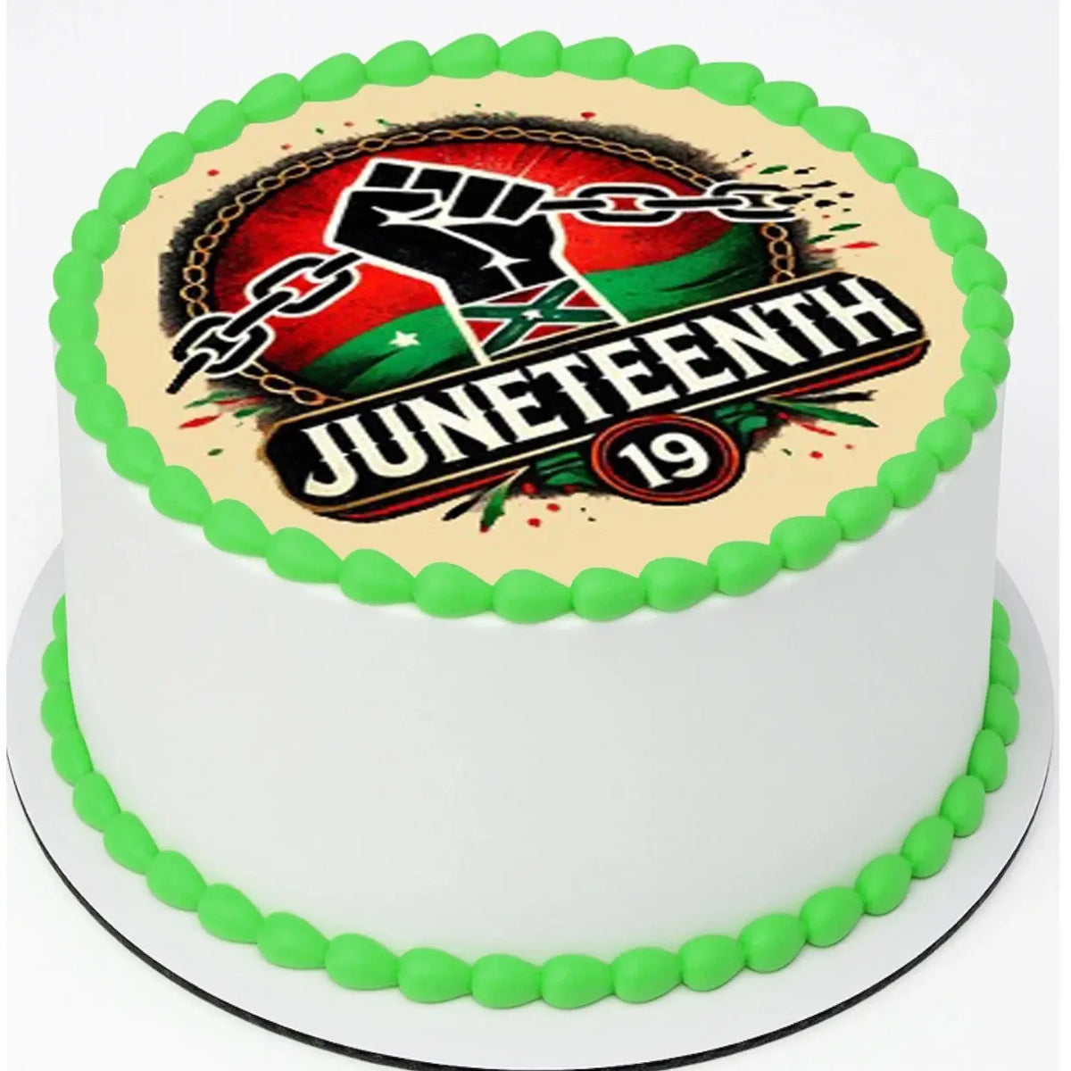 Juneteenth Breaking the Chains Edible Icing Cake Topper – 8-Inch Round on a round frosted cake.
