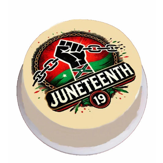 Juneteenth Breaking the Chains Edible Icing Cake Topper – 8-Inch Round on a round cake viewed from above.