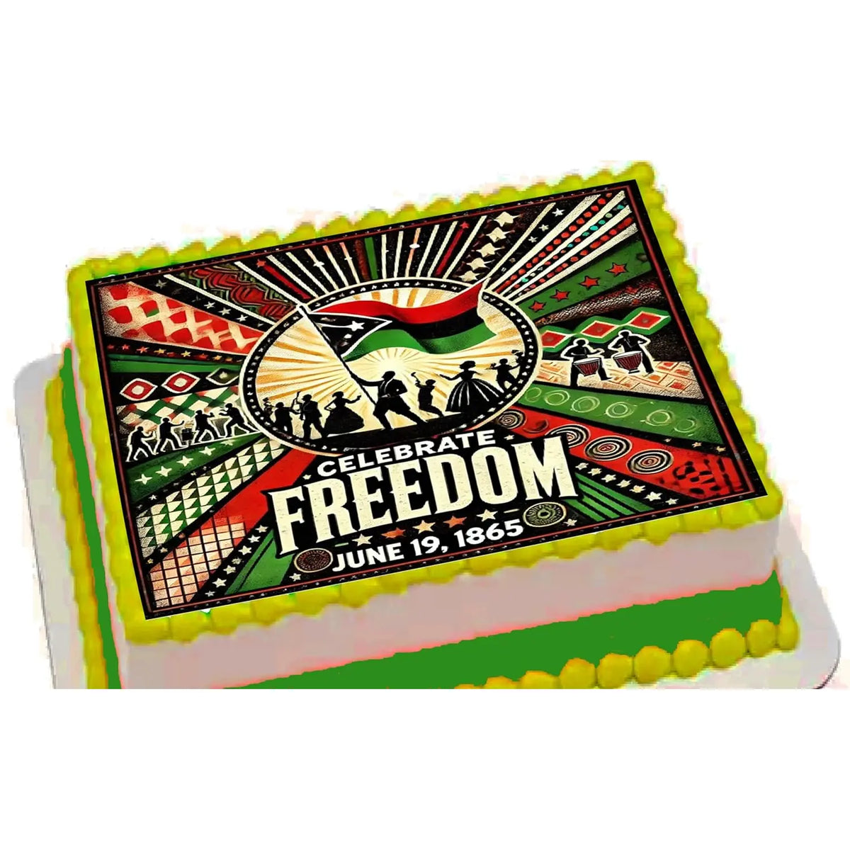 Juneteenth Celebrate Freedom Edible Icing Sheet Cake Topper on a frosted sheet cake.