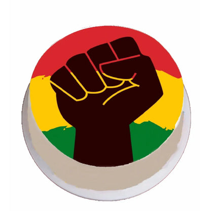 Juneteenth Equality for All Edible Icing Cake Topper – 8-Inch Round on a round cake viewed from above.