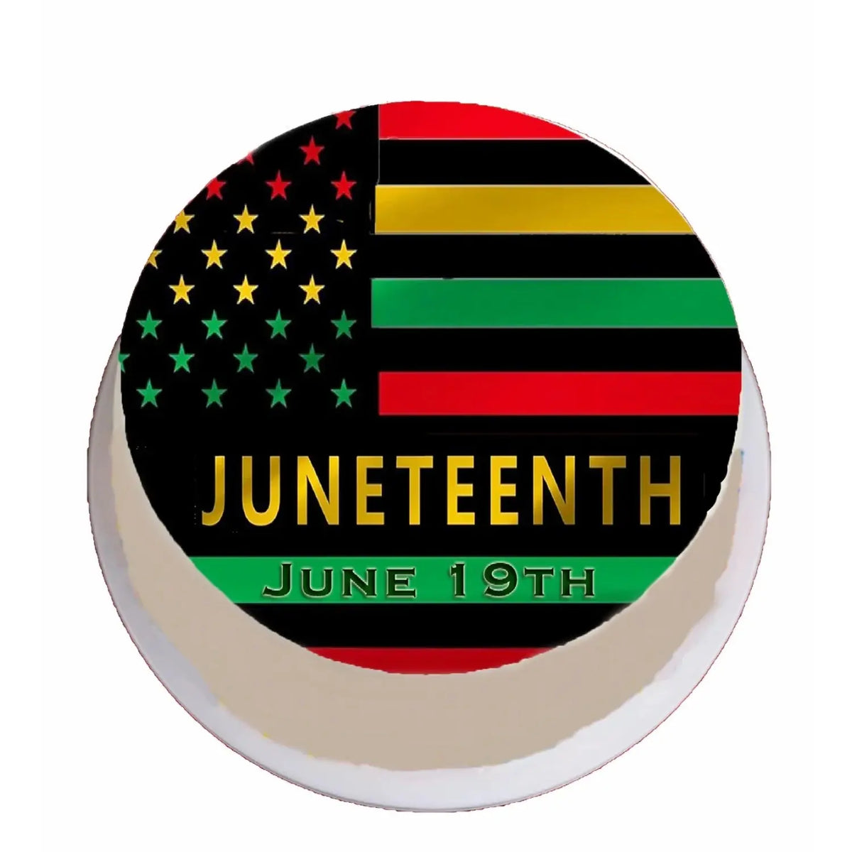 Juneteenth Pride Flag Edible Icing Cake Topper – 8-Inch Round on a round cake viewed from above.