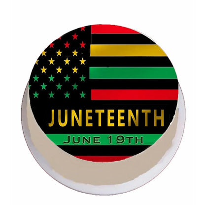 Juneteenth Pride Flag Edible Icing Cake Topper – 8-Inch Round on a round cake viewed from above.